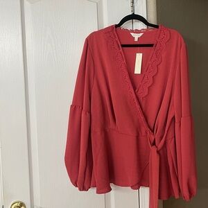 Adiva Faux Wrap Top with tie front and lace trim